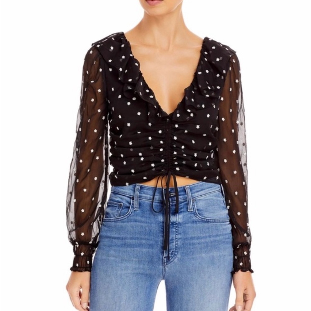 WAYF Black Sheer Floral Print Ruffle Long Sleeve Top NWT Sz L